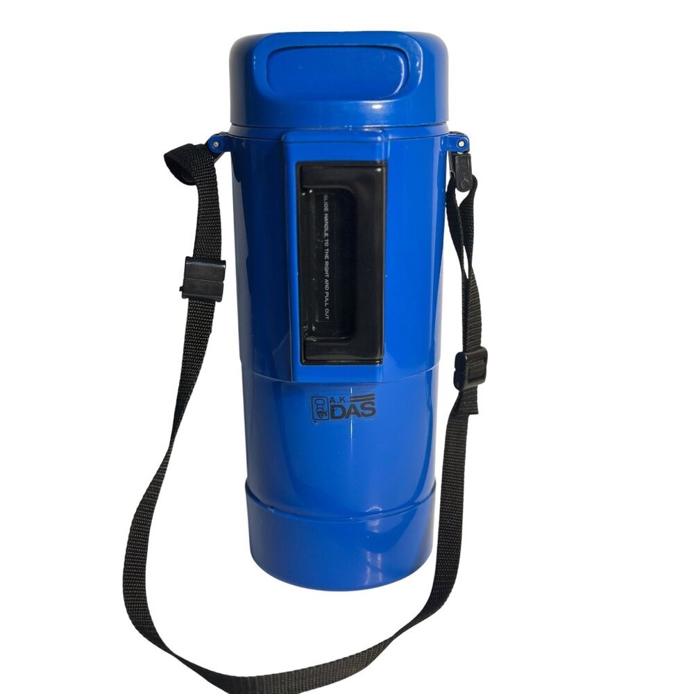 VTG A.K. DAS Blue Thermos w/ Handle Strap 11.5" Hot & Cold Beverages‎